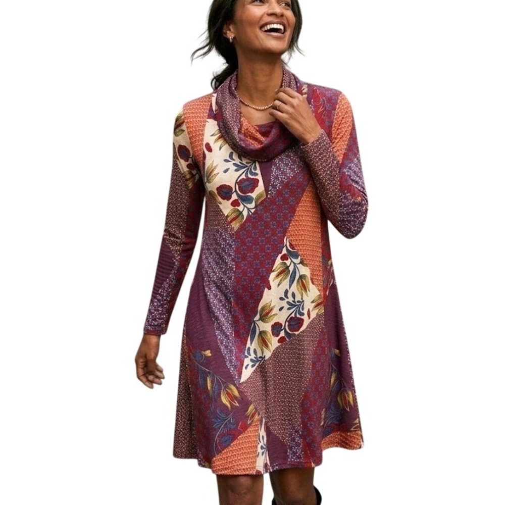 Lg Boho Patchwork Print Cowl Neck Long Sleeve Tunic Dress Artsy Pocket Lagenlook